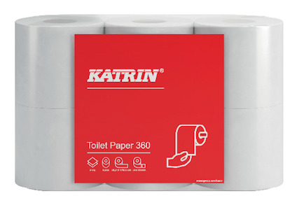 Sex rullar toalettpapper med ett rött etikett med texten "Katrin Toilet Paper 360".