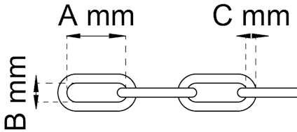 Ritning av en kedjelänk med måttangivelser A mm, B mm och C mm.