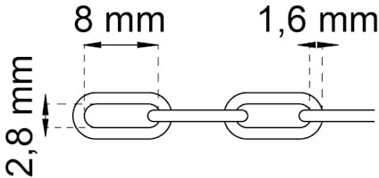 Kedja med mått: 8 mm längd, 2,8 mm bredd, 1,6 mm tjocklek.