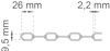 Kedjan med rektangulära länkar, mått: 26 mm lång, 9,5 mm hög, 2,2 mm bred.