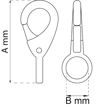 Ritning av karbinhake med mått A mm och B mm markerade. Anpassad för teknisk specifikation.