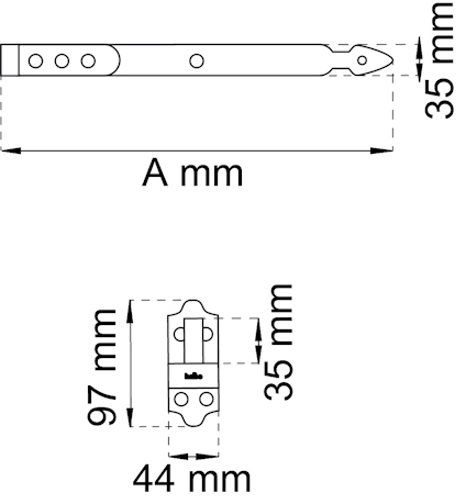 Ritning av beslagen med måttangivelser: Bredd 44 mm, höjd 35 mm och längd 97 mm.