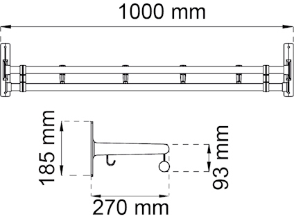 Klädhängare med måtten 1000 mm i bredd, 185 mm höjd och 270 mm djup.