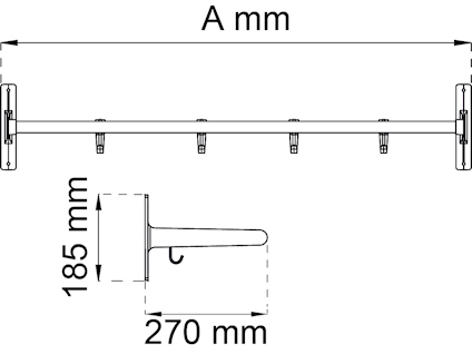 Ritning av metallstång med fem krokar, 185 mm hög, 270 mm djup. Längd markerad som A mm.