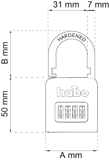 Illustration av ett kombinationslås med mått: 50 mm höjd, A mm bredd, B mm höjd, bygel 31 mm bred och 7 mm tjock.