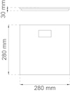 Ritning av en kvadratisk platta med måtten 280x280 mm x 30 mm, visas från sidan och fronten, med en rektangulär utskärning.