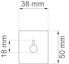 Skiss av fyrkantig platta 50x50 mm med en mittcirkels placering 18 mm från toppen. Total bredd: 38 mm.