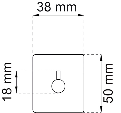 Skiss av fyrkantig platta 50x50 mm med en mittcirkels placering 18 mm från toppen. Total bredd: 38 mm.