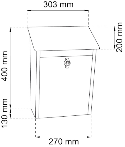 Brevinkast med måtten 400 mm hög, 270 mm bred och 130 mm djup. Lockets mått är 303 mm x 200 mm.