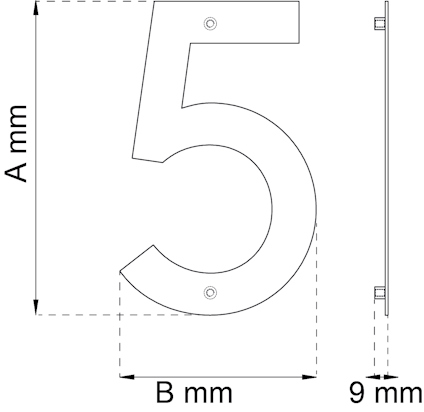 Ritning av siffran "5" med måttangivelser A mm och B mm, och en tjocklek på 9 mm.