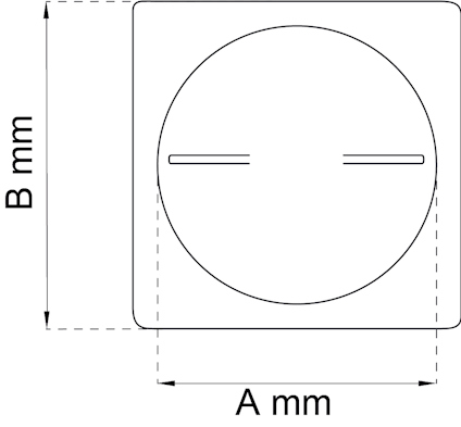 Kvadratisk symbol med cirkel och två horisontella streck inuti. Märkt med mått A mm och B mm.