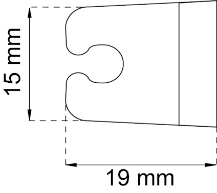 Ritning av en komponent med måtten 15 mm hög och 19 mm bred, inklusive en skåra.