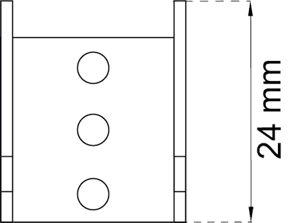 Teknisk ritning av en del med tre cirkulära hål och en total höjd på 24 mm.