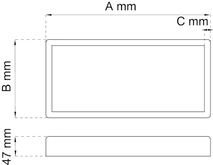 Diagram över en rektangel med dimensioner märkta A mm, B mm, C mm och 47 mm.