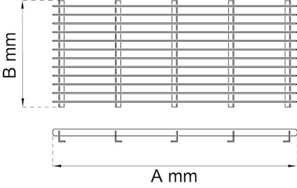 Ritning av gallerpanel med dimensionerna A mm i bredd och B mm i höjd, sedd framifrån och från sidan.