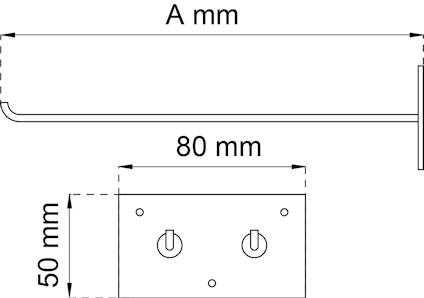 Ritning av en platta med två switchar, måtten 80 mm x 50 mm och en anslutning med längden A mm.