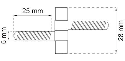 Diagram med tvärsnitt av gängstång och mutter med mått: 25 mm längd, 5 mm gänga, 28 mm total höjd.