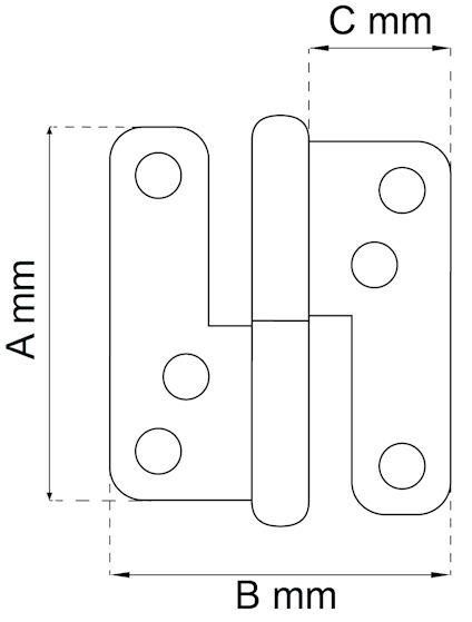 Ritning av gångjärn med höjd A mm, bredd B mm, och djup C mm. Fyra skruvhål syns.