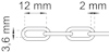 Kedjelänkar med dimensioner: längd 12 mm, bredd 3,6 mm och avstånd 2 mm mellan länkarna.