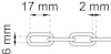 Kedja med länkar vilka är 17 mm långa och 6 mm breda, med en tråd av 2 mm tjocklek.