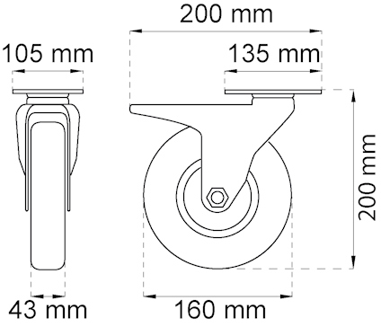 Ritning av en hjulmontering med mått: 200 mm höjd, 160 mm hjuldiameter, 105 mm bredd, 135 mm djup.