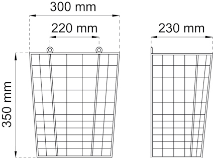 Ritning av två trådbackar med måtten 300x350 mm och 230x350 mm, angivna i millimeter.