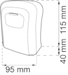 Diagram som visar en väggmonterad enhet med måtten 95 mm x 115 mm x 40 mm.