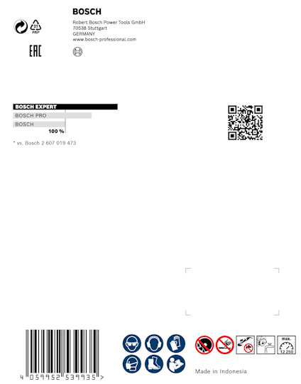 Förpackning med Bosch Expert 100x. Innehåller logotyper och QR-kod. Streckkod: 4059952627477. Tillverkad i Indonesien.