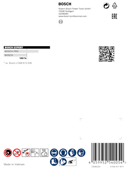 Förpackning med Bosch produktinformation och QR-kod, tillverkad i Vietnam.