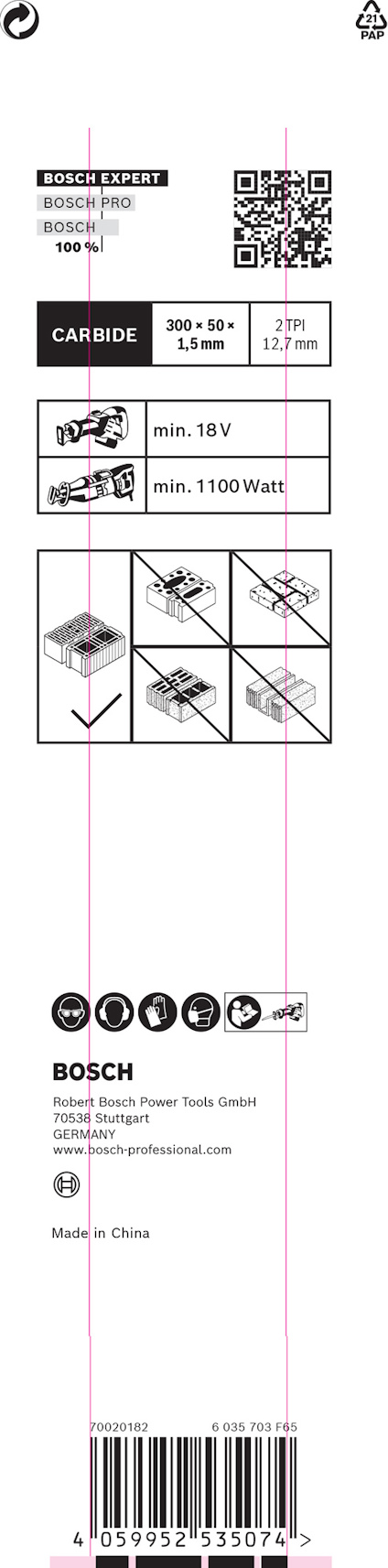 Förpackning som visar Bosch sågbladmodeller och specifikationer; streckkod längst ner.