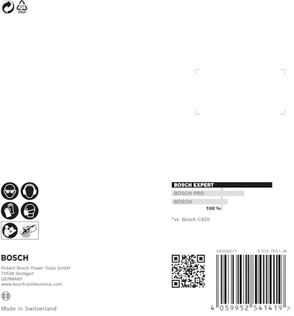 Förpackning med Bosch C420 sandpapper, QR-kod och kontaktinformation för Bosch Power Tools GmbH.