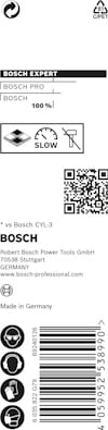 Förpackning med Bosch EXPERT borrex, märkning inklusive QR-kod och texten "Made in Germany".