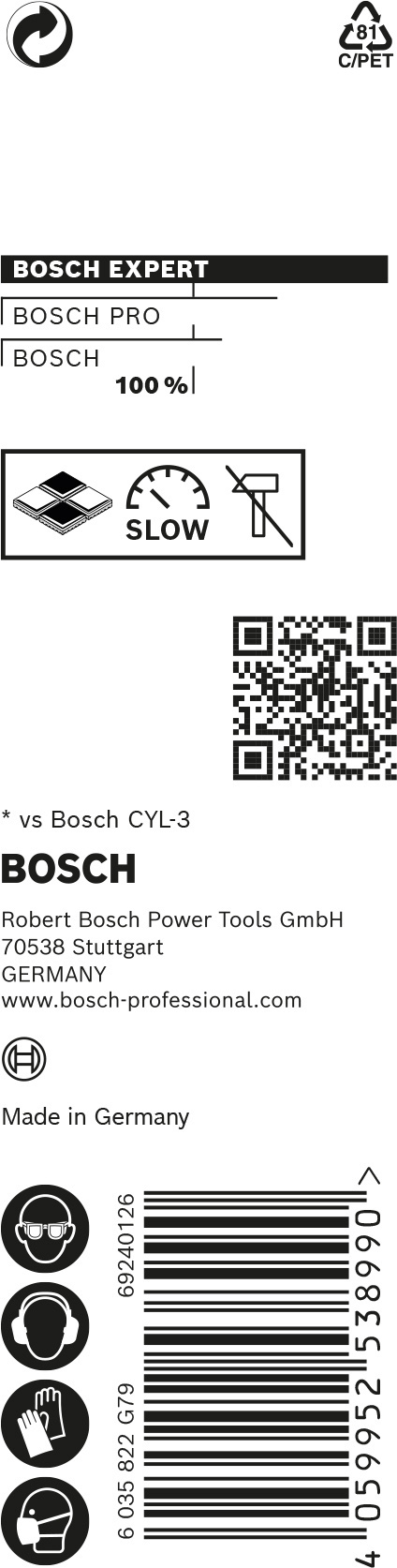 Förpackning med Bosch EXPERT borrex, märkning inklusive QR-kod och texten "Made in Germany".