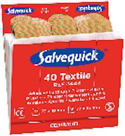 Förpackning av plåster med texten "Salvequick 40 Textile REF 6444" och översättning till flera språk.