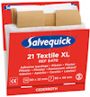 Salvequick plåsterrefill, textil, extra stor, 21 plaster i en röd förpackning med blå och vit logotyp.