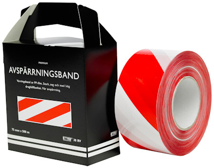 Rulle med rödvit avspärrningstejp och svart förpackning med texten "Avspärrningsband".