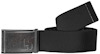 Svart bälte med metallspänne, präglat med en logotyp som liknar bokstäverna "LB".
