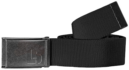 Svart bälte med metallspänne, präglat med en logotyp som liknar bokstäverna "LB".