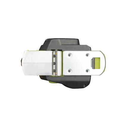 Handhållen elhyvel av märket RYOBI med svart och grön design, metallisk yta och slipband.