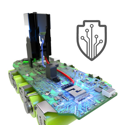 Insidan av ett ONE+ batteri från Ryobi. Kretskort med elektroniska komponenter och ett skyddssymbol till höger.