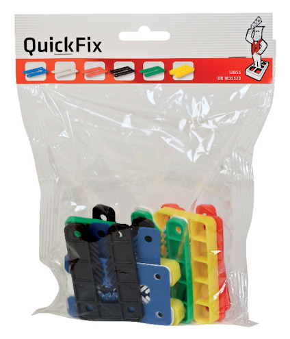 Förpackning med 12 färgglada distansbrickor av märket QuickFix.