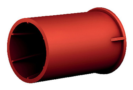 Röd plastknopp formad som ett rör med släta ytor och öppningar i vardera änden.