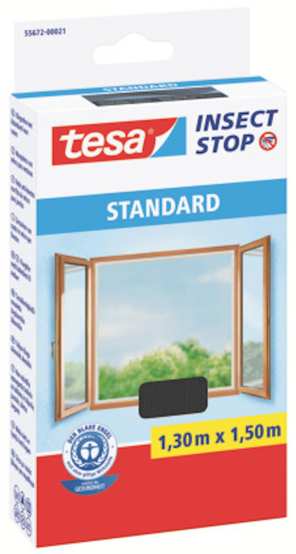 Förpackning av tesa Insect Stop Standard med bild av ett öppet fönster, texten "1,30m x 1,50m" och antracit insektsskydd.