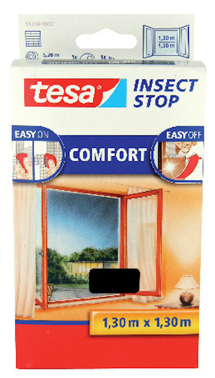 Förpackning med Tesa insektsnät för fönster, med bild på fönster och vy utomhus. Text: "Comfort, Easy On, Easy Off".
