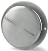 Tallriksformad ventildel i borstat aluminium med två vertikala skåror och en sidohålsdesign för montering.