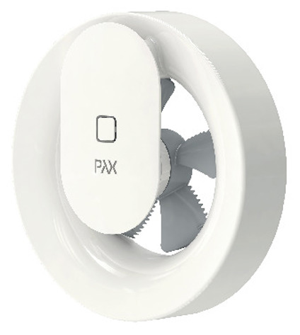 Vit, rund badrumsfläkt med en central propeller och texten "PAX" på framsidan.