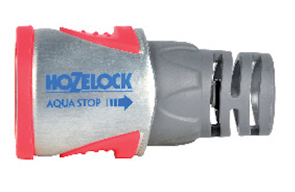 Koppling med texten "HOZELOCK AQUA STOP" i blått på silverfärgad och grå bakgrund med röda detaljer.