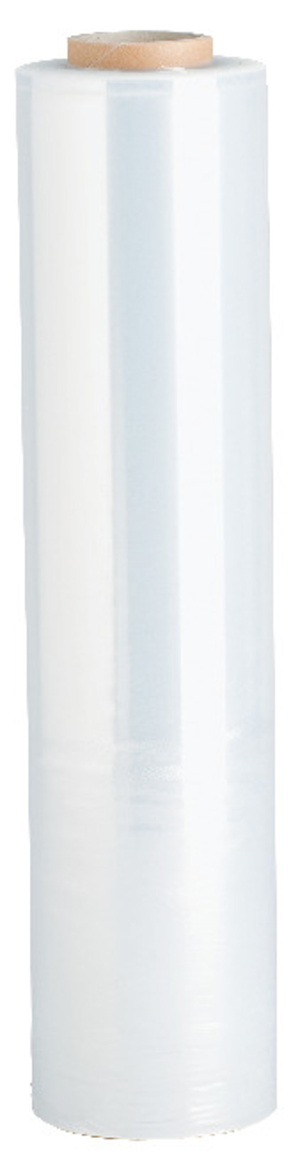 Transparent plastfilm på rulle med brun kärna.