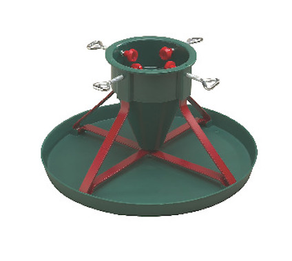 Julgransfot i grön plast med röd detaljering och justerbara metallskruvar.