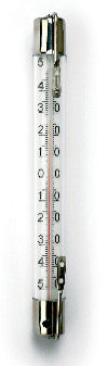 Termometer med kapillär, grader Celsius, metallclips i båda ändar.